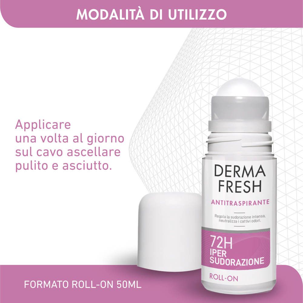 Derma Fresh Antitraspirante Roll-On, 50ml, per 72h di protezione intensa contro la sudorazione.