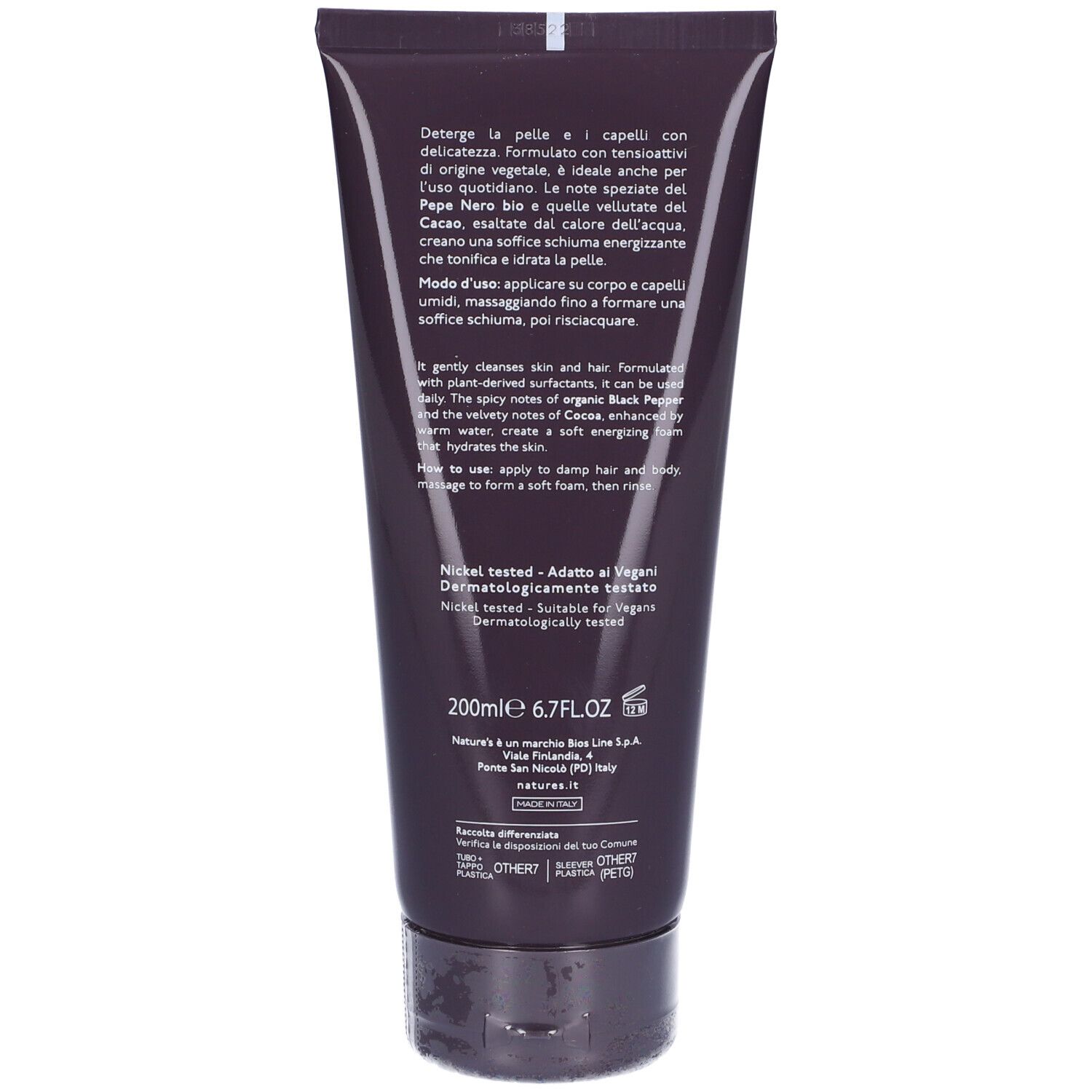 Rückseite der Tube mit Text. Enthält Informationen über das Produkt und Inhaltsstoffe. Nickel getestet, dermatologisch getestet.