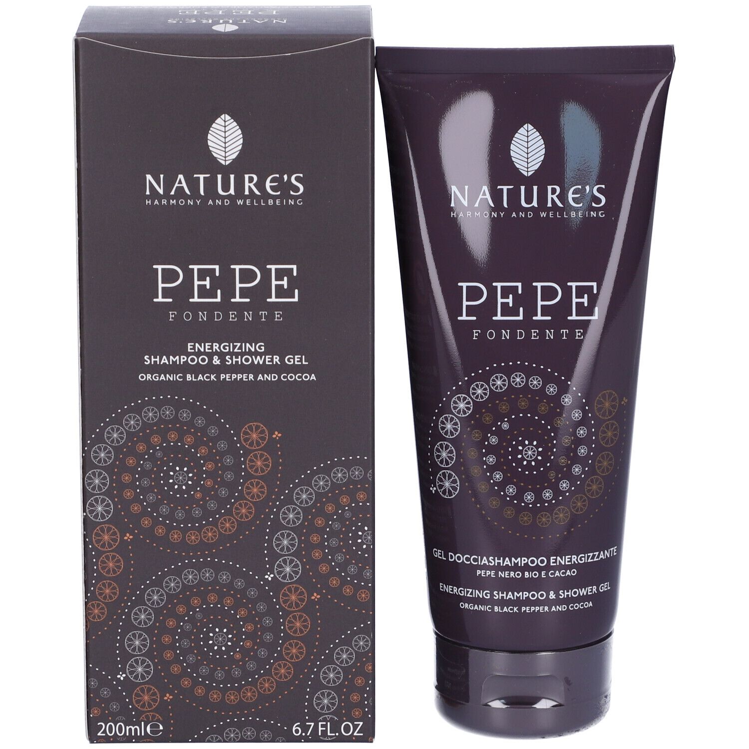 Produktverpackung mit Tube. Aufschrift: NATURE'S, PEPE FONDENTE, Energizing Shampoo & Shower Gel. 200ml. Mit Schachtel.
