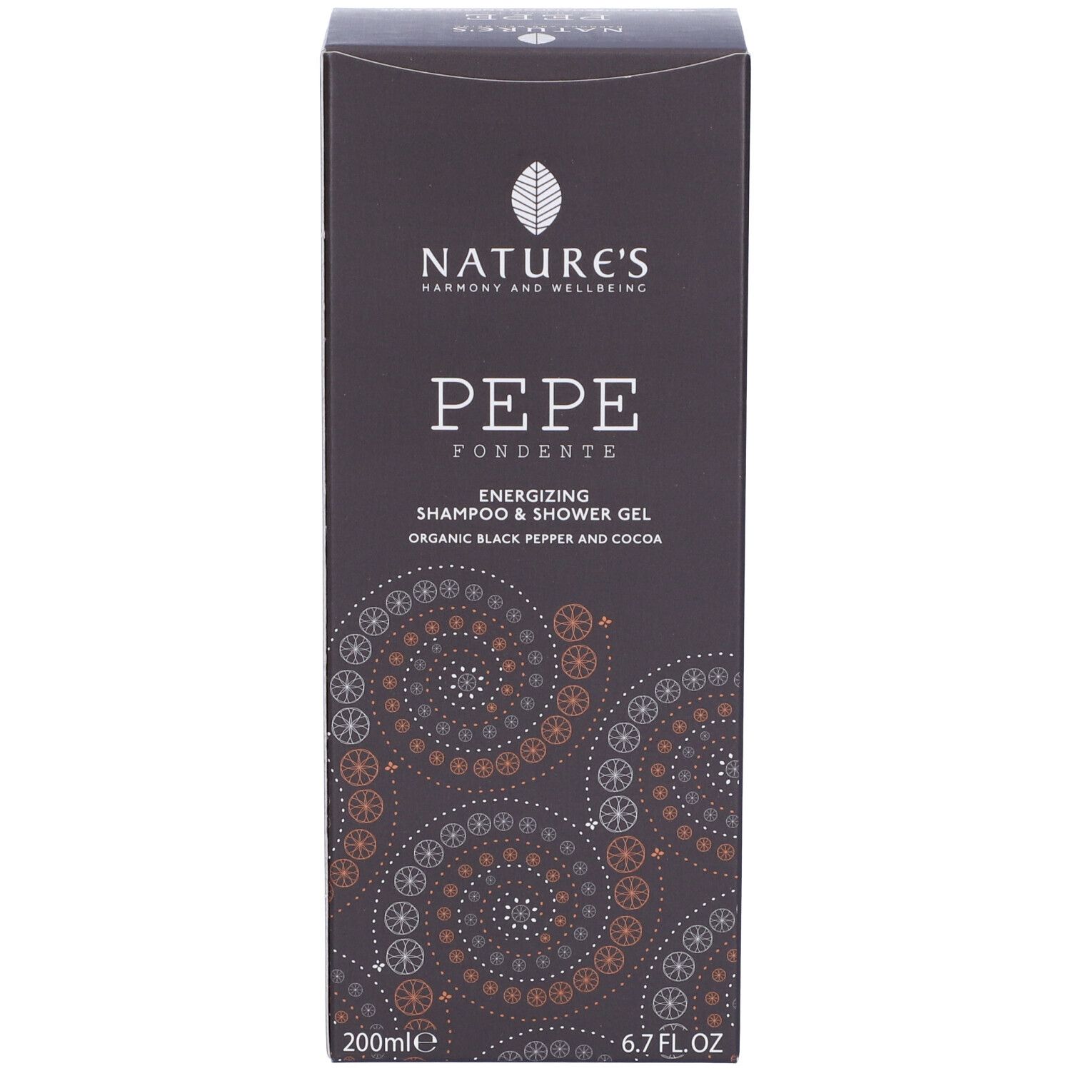Dunkelbraune Schachtel mit weißer Schrift. Aufschrift: NATURE'S, PEPE FONDENTE, Energizing Shampoo & Shower Gel. 200ml.