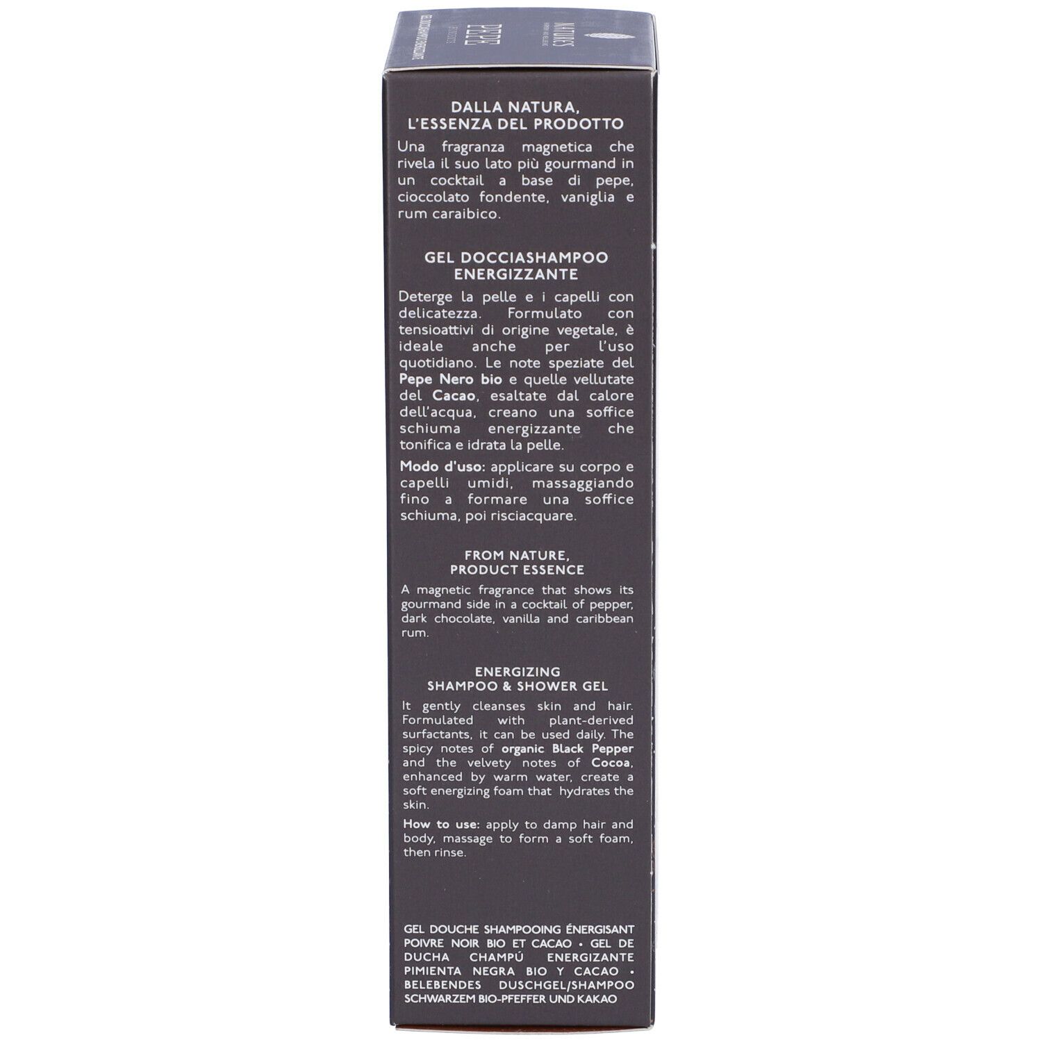 Seite der Schachtel mit Text. Enthält Informationen über das Produkt und Inhaltsstoffe. Gel Docciashampoo Energizzante.
