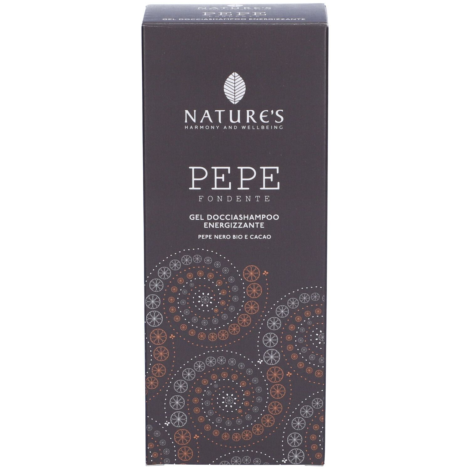 Schachtel mit weißer Schrift. Aufschrift: NATURE'S, PEPE FONDENTE, Gel Docciashampoo Energizzante. Schwarzer Pfeffer und Kakao.