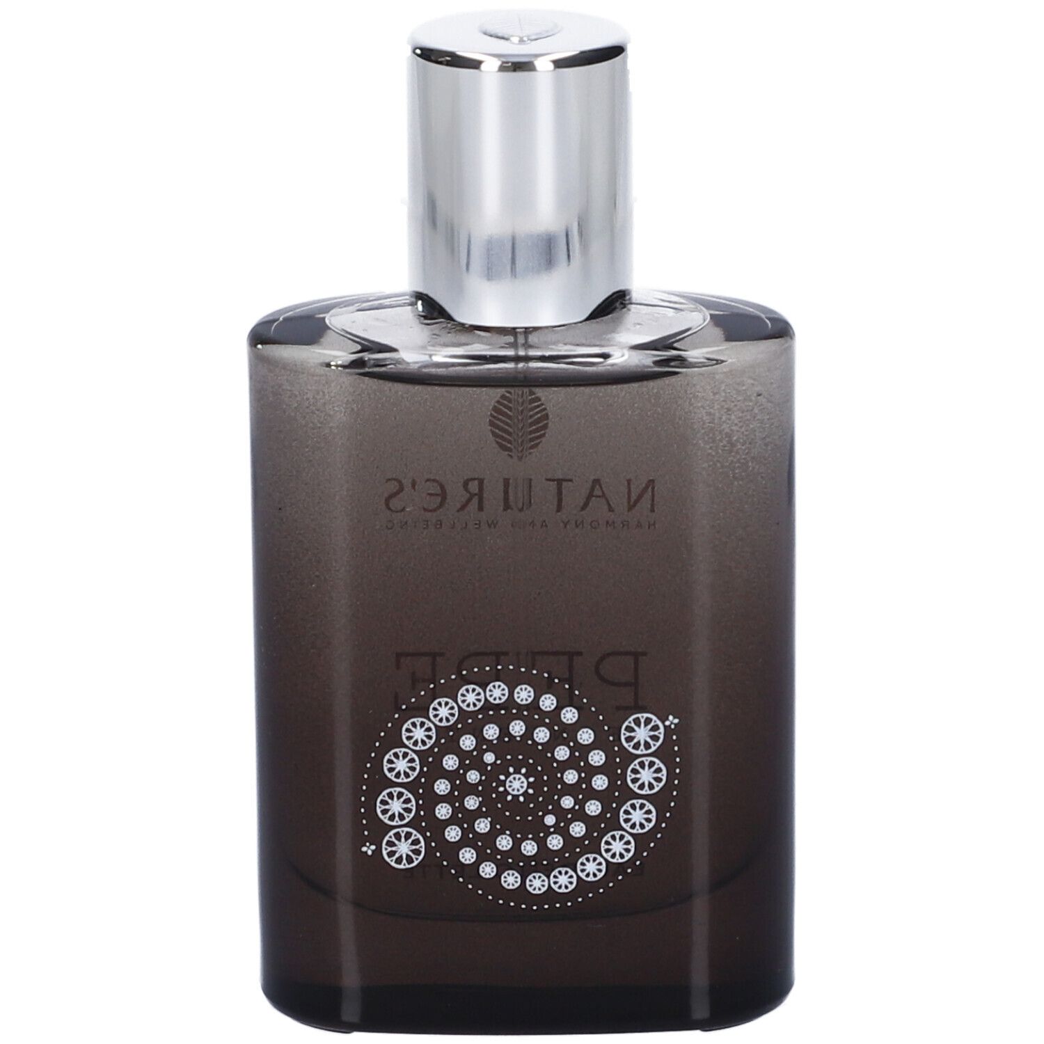 Dunkle Glasflasche mit silbernem Verschluss. Aufschrift: NATURE'S, PEPE FONDENTE, Eau de Toilette.
