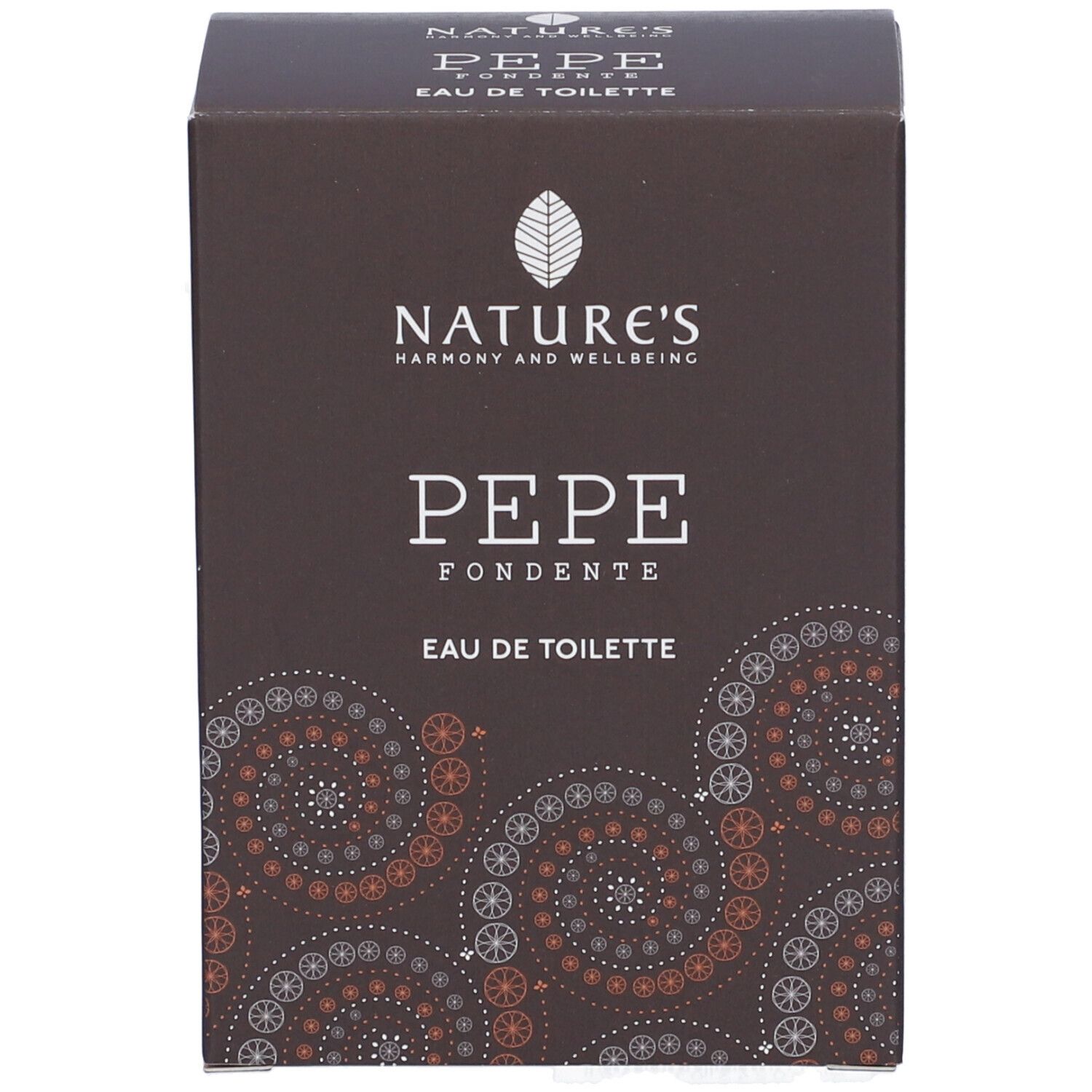 Braune Schachtel mit weißem Logo und Aufschrift: NATURE'S, PEPE FONDENTE, Eau de Toilette. Dekoratives Muster.