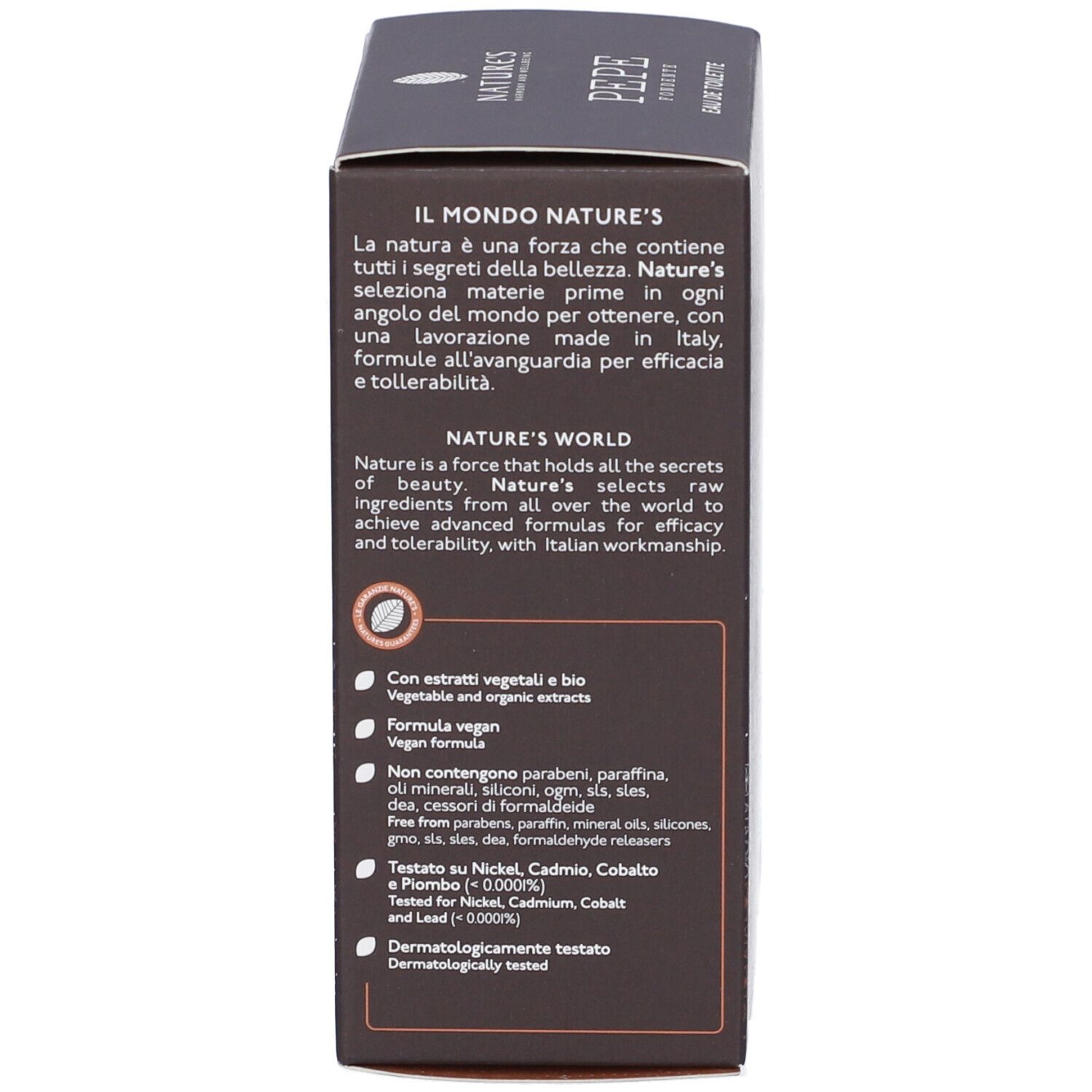 Braune Schachtel mit Text. Informationen über Inhaltsstoffe, Vegan-Formel, dermatologisch getestet.