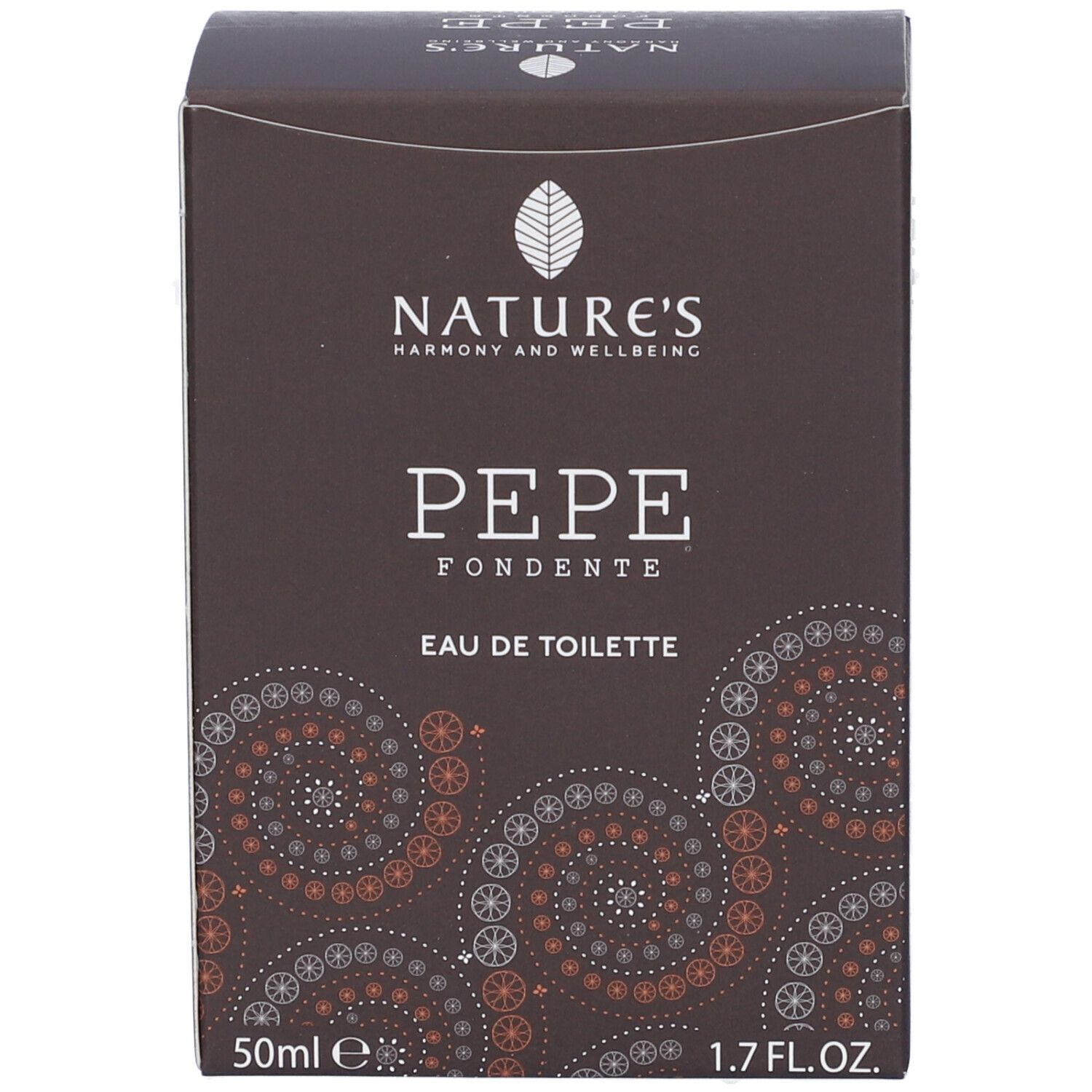 Braune Schachtel mit Aufschrift: NATURE'S, PEPE FONDENTE, Eau de Toilette. Volumen: 50ml, 1.7 FL.OZ.