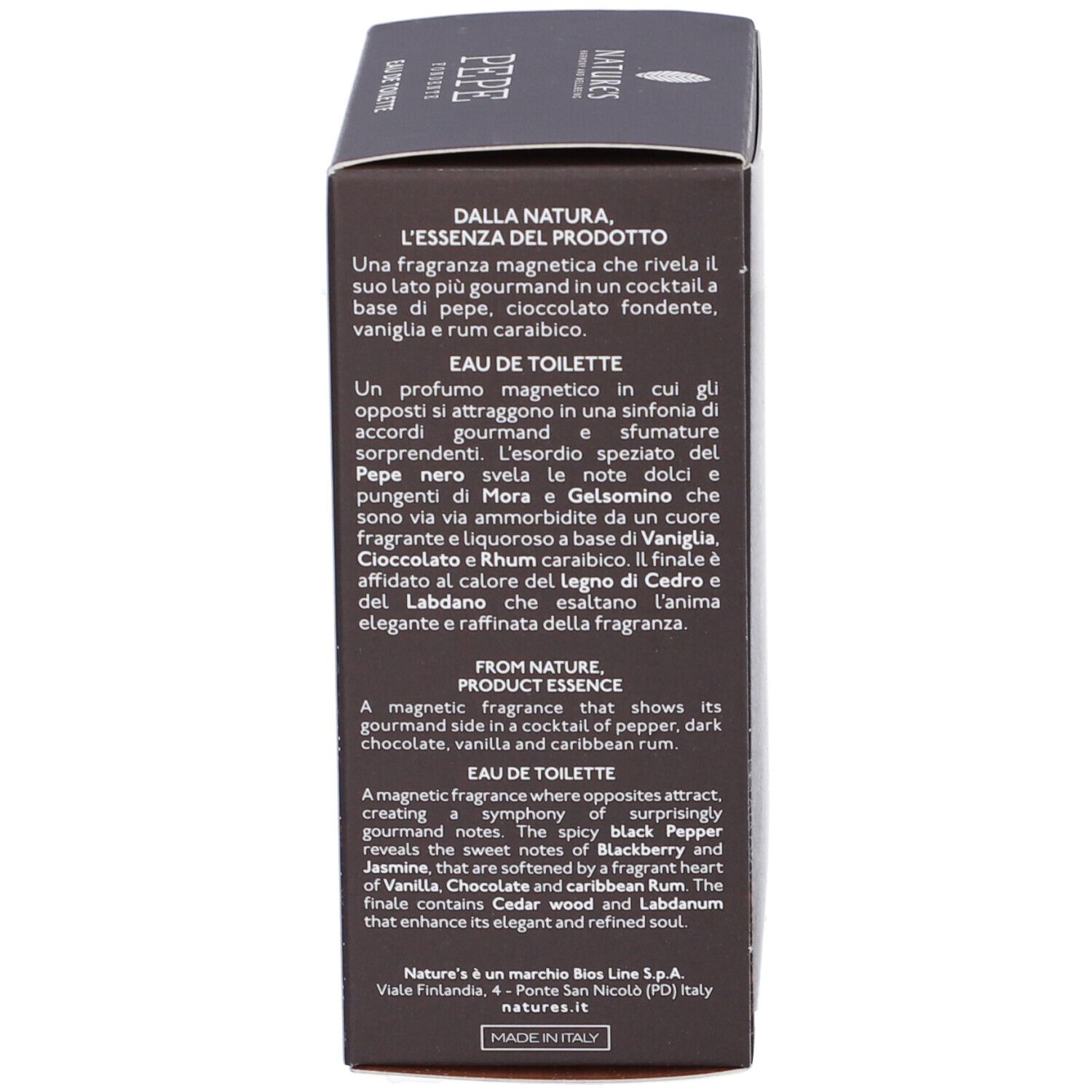 Braune Schachtel mit Text. Beschreibung des Duftes, Inhaltsstoffe, Herkunft. Made in Italy.