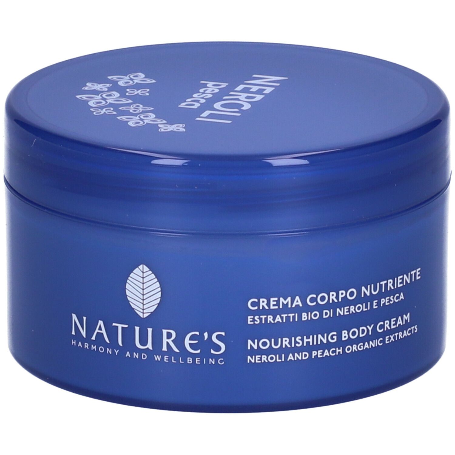 Vaso blu con scritte bianche. Scritte: NATURE'S, Neroli Pesca, Crema Corpo Nutriente, Nourishing Body Cream.