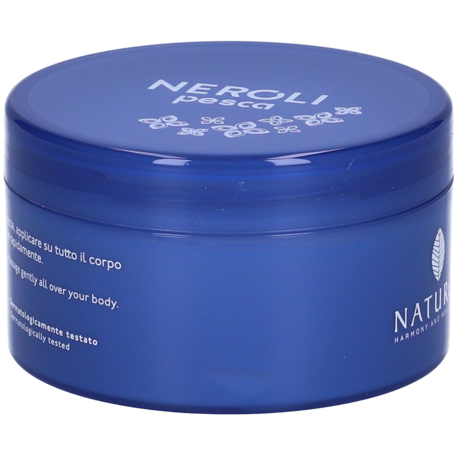 Vaso blu con scritte bianche. Testo: Applicare su tutto il corpo. Dermatologicamente testato.