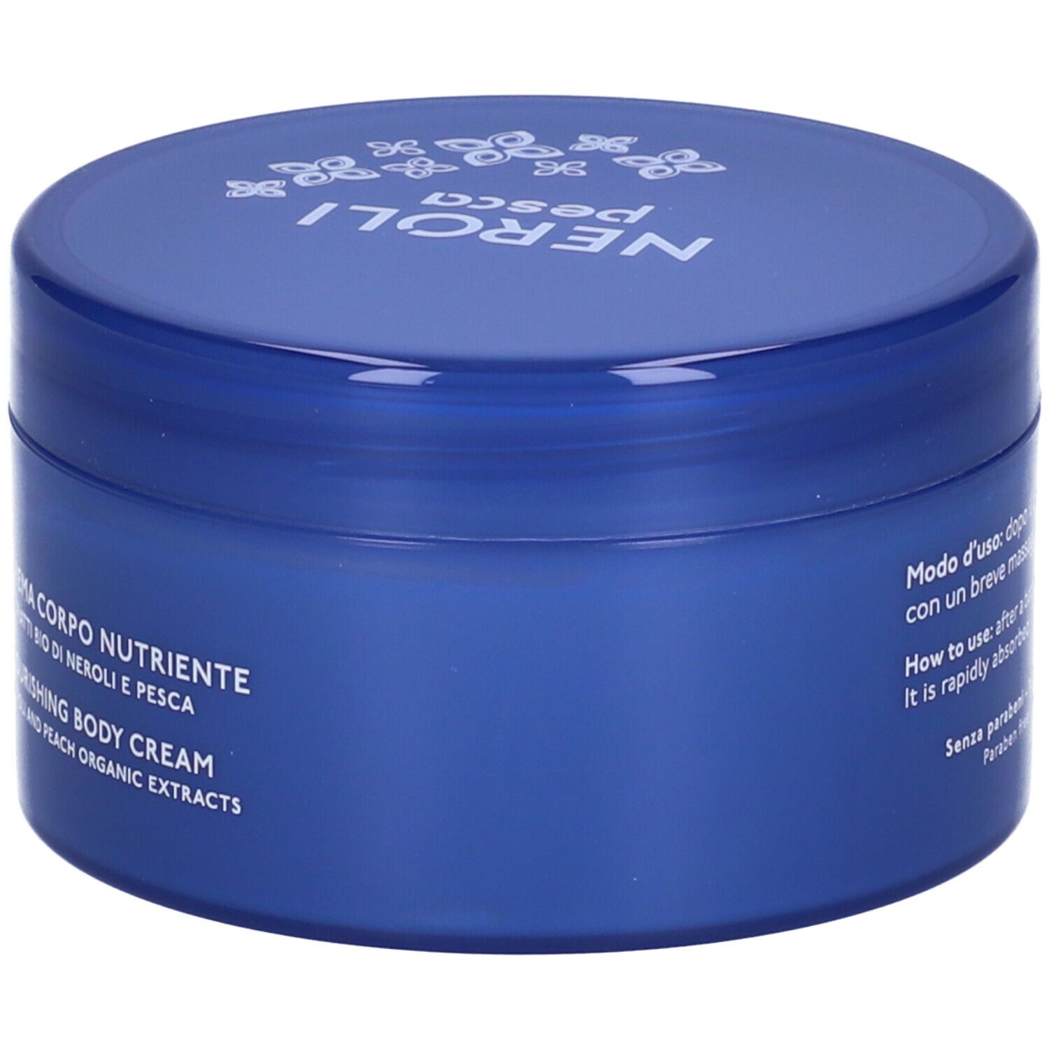 Vaso blu con scritte bianche. Scritte: Neroli Pesca, Crema Corpo Nutriente, Nourishing Body Cream.