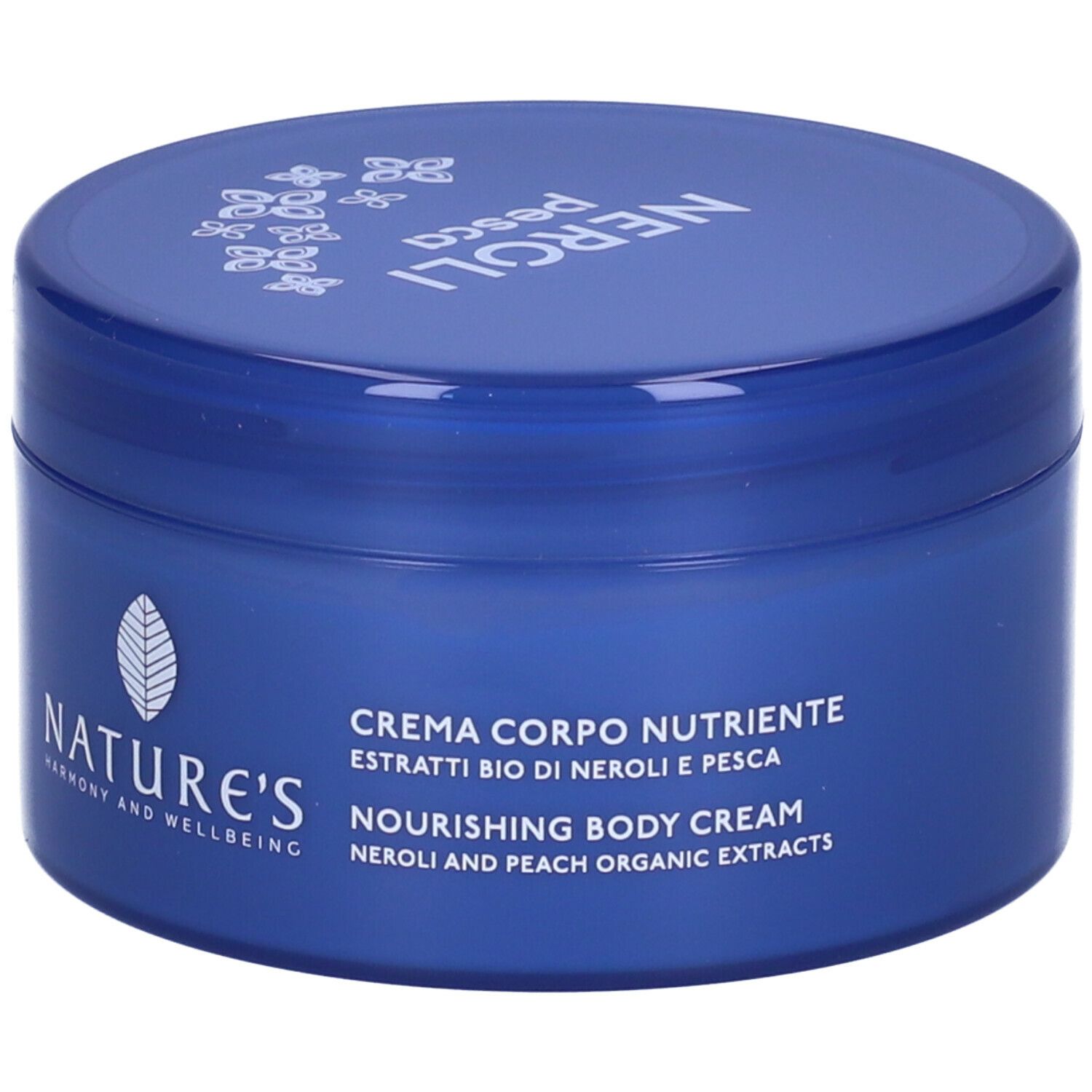 Vaso blu con scritte bianche. Scritte: NATURE'S, Neroli Pesca, Crema Corpo Nutriente, Nourishing Body Cream.
