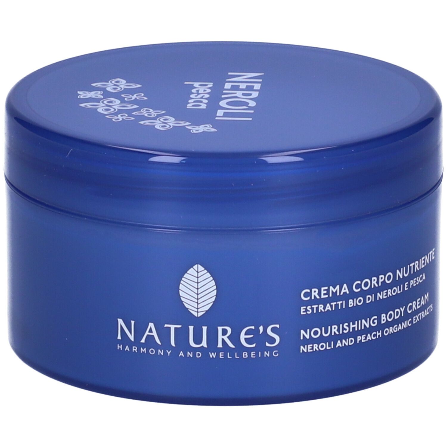 Vaso blu con scritte bianche. Scritte: NATURE'S, Neroli Pesca, Crema Corpo Nutriente, Nourishing Body Cream.
