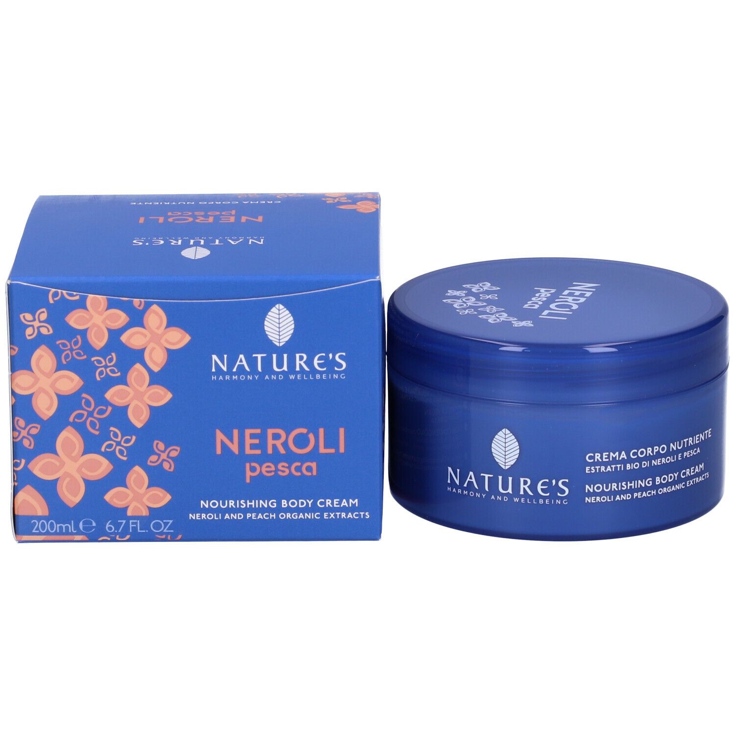 Vaso e scatola blu. Scritte: NATURE'S, Neroli Pesca, Crema Corpo Nutriente, Nourishing Body Cream.