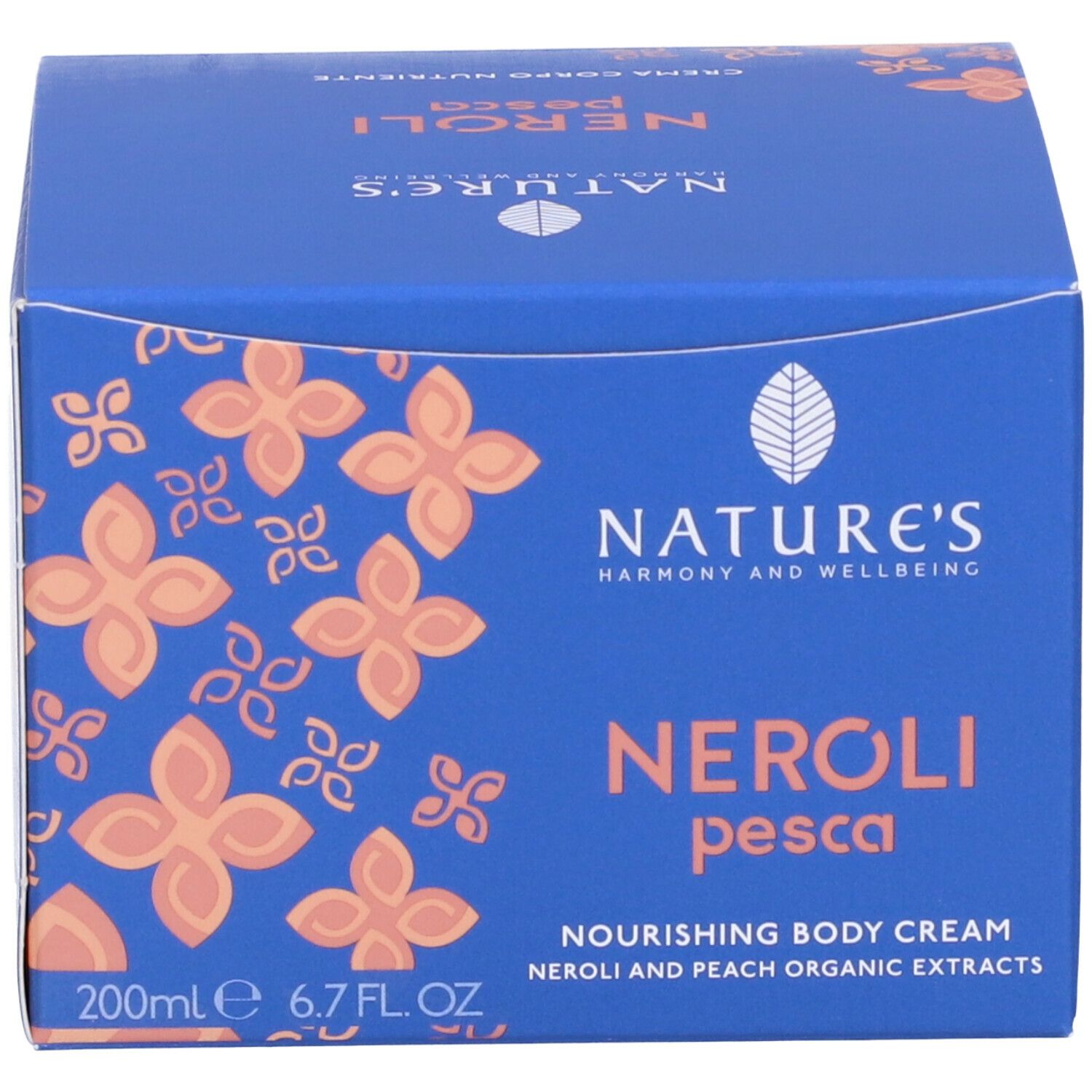 Scatola blu con scritte bianche. Scritte: NATURE'S, Neroli Pesca, Nourishing Body Cream.
