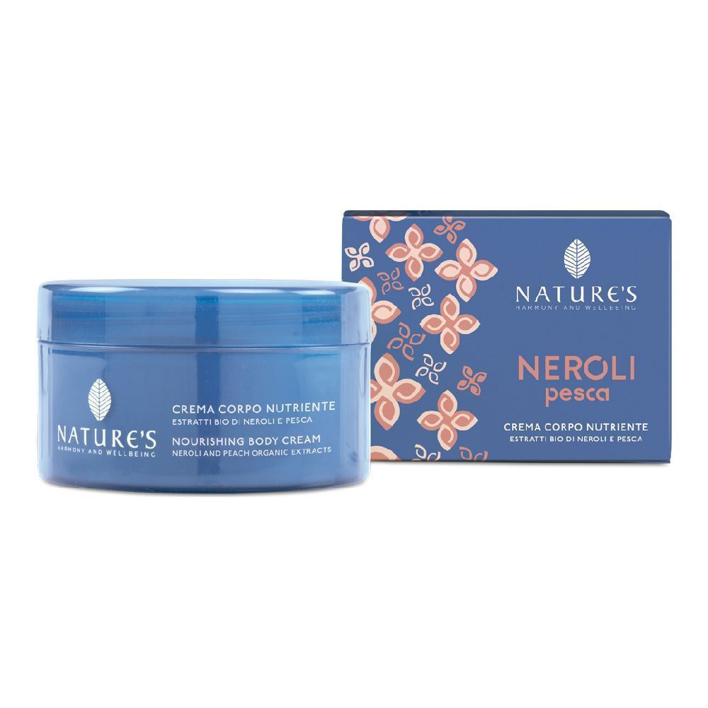 Barattolo e scatola blu. Scritta: Nature's, Neroli Pesca, Crema Corpo Nutriente.