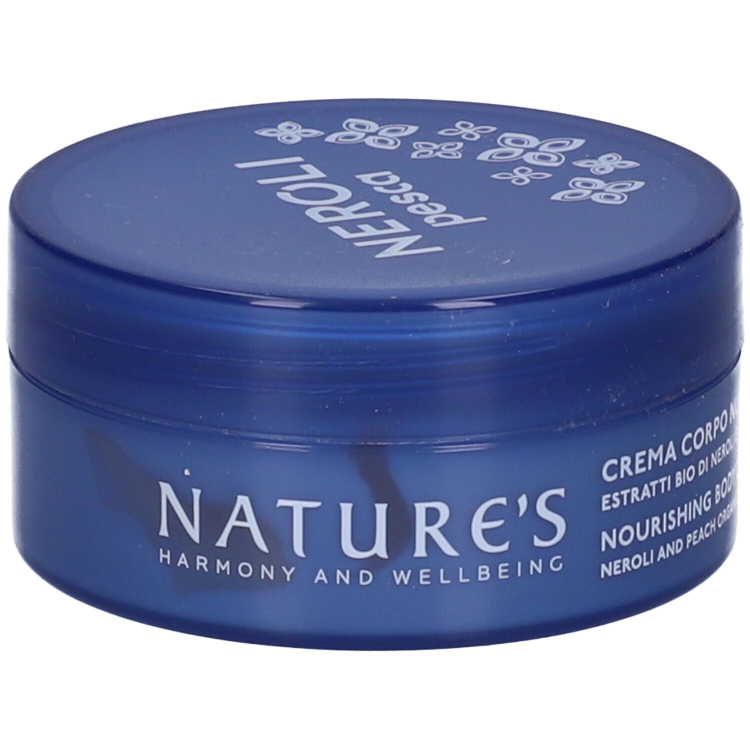 Barattolo di crema blu. Scritta: Nature's, Neroli Pesca, Crema Corpo Nutriente.