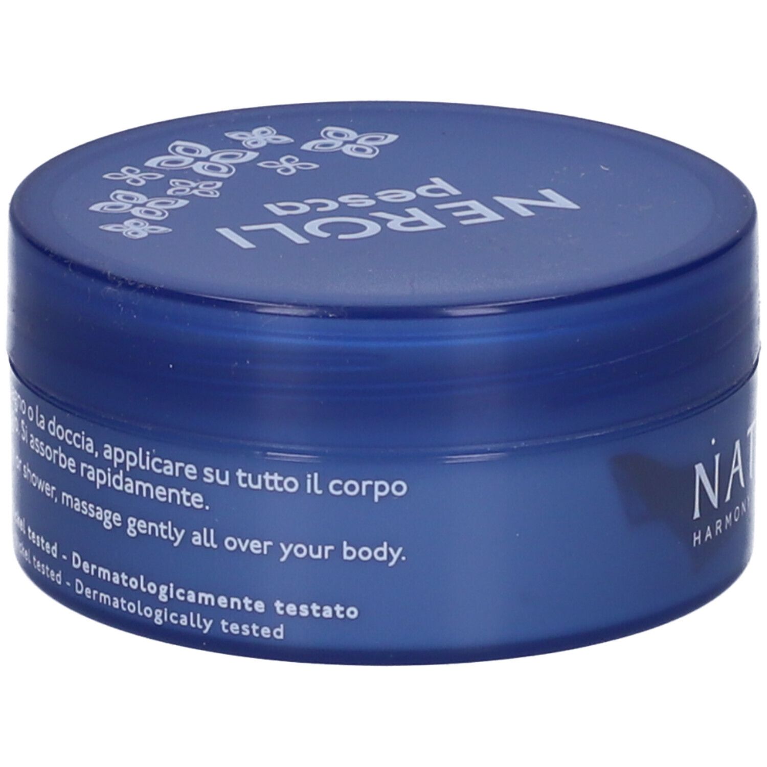 Barattolo di crema blu. Scritta: Nature's, Neroli Pesca, Crema Corpo Nutriente.