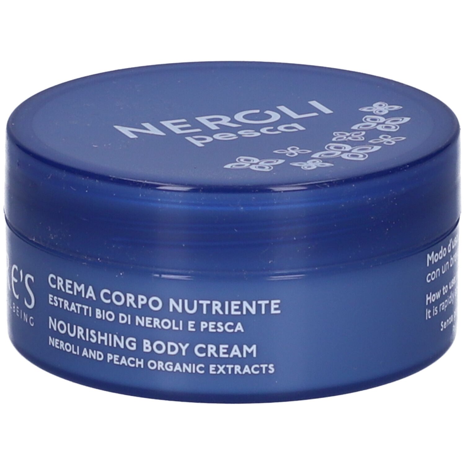 Barattolo di crema blu. Scritta: Nature's, Neroli Pesca, Crema Corpo Nutriente.