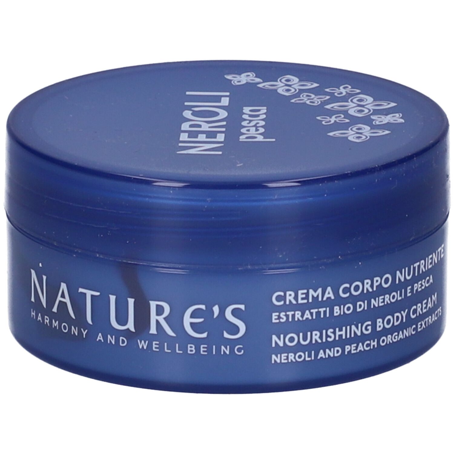 Barattolo di crema blu. Scritta: Nature's, Neroli Pesca, Crema Corpo Nutriente.