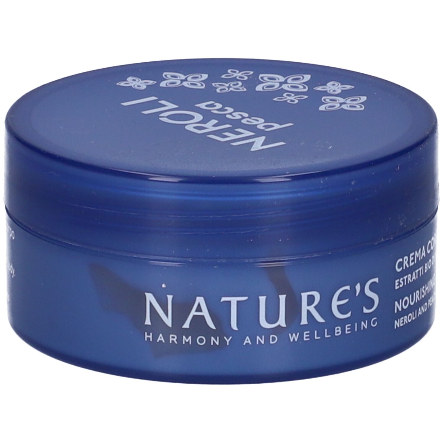Barattolo di crema blu. Scritta: Nature's, Neroli Pesca, Crema Corpo Nutriente.