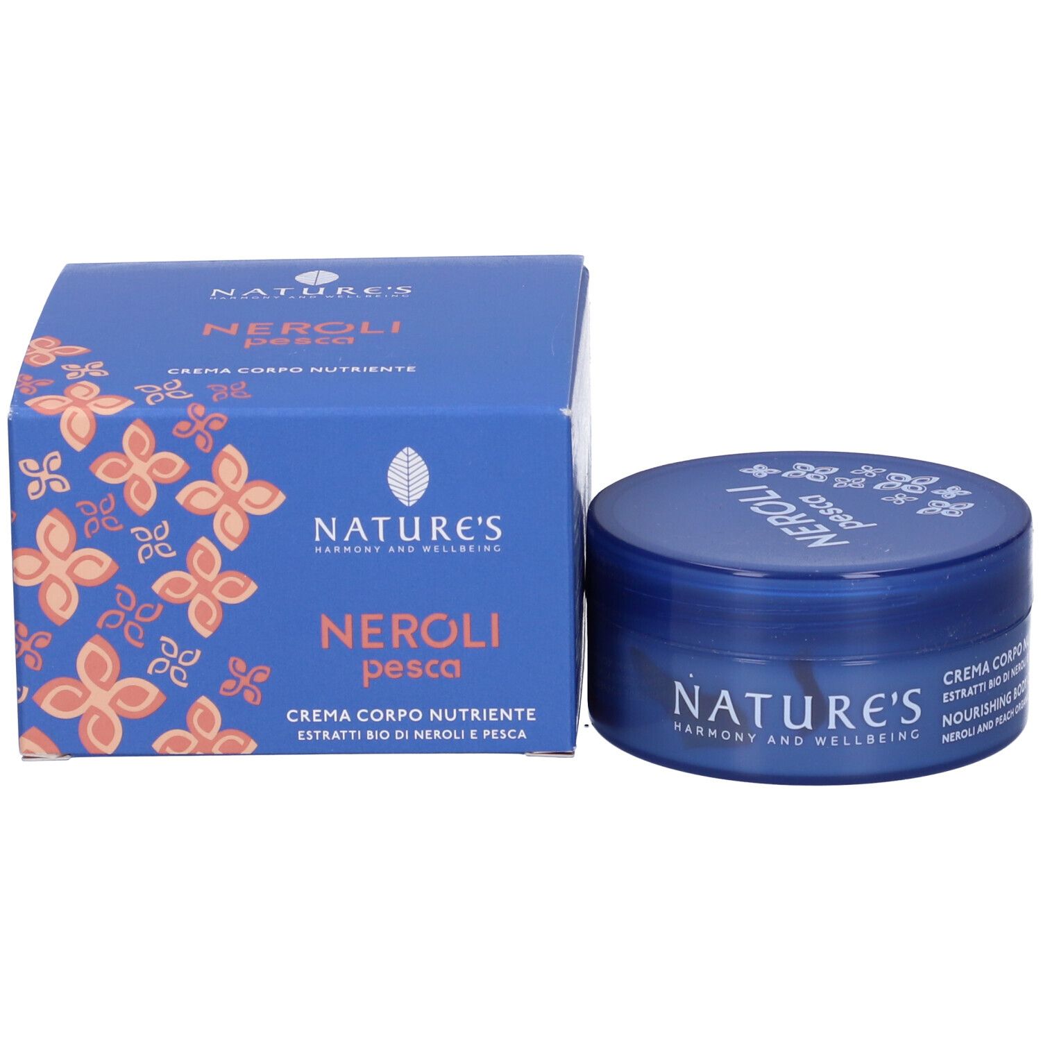 Barattolo e scatola blu. Scritta: Nature's, Neroli Pesca, Crema Corpo Nutriente.