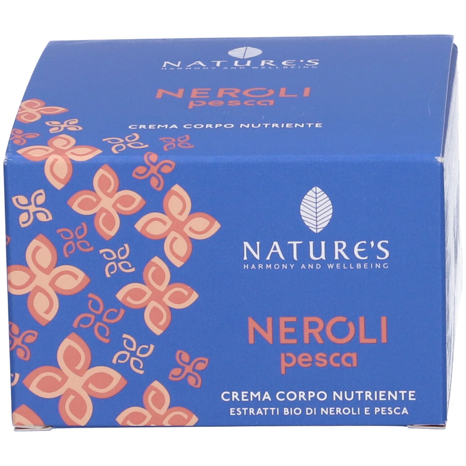 Scatola blu. Scritta: Nature's, Neroli Pesca, Crema Corpo Nutriente.