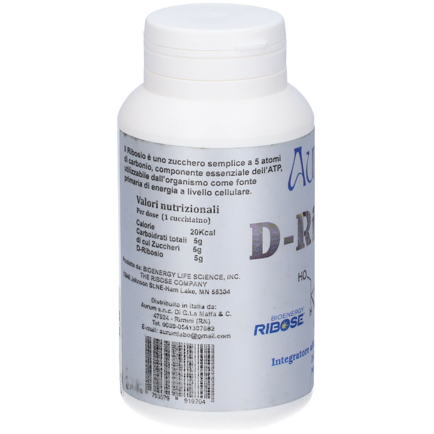 Flacone bianco con etichetta blu. Scritta: Aurum D-Ribose. Valori nutrizionali. Informazioni produttore.