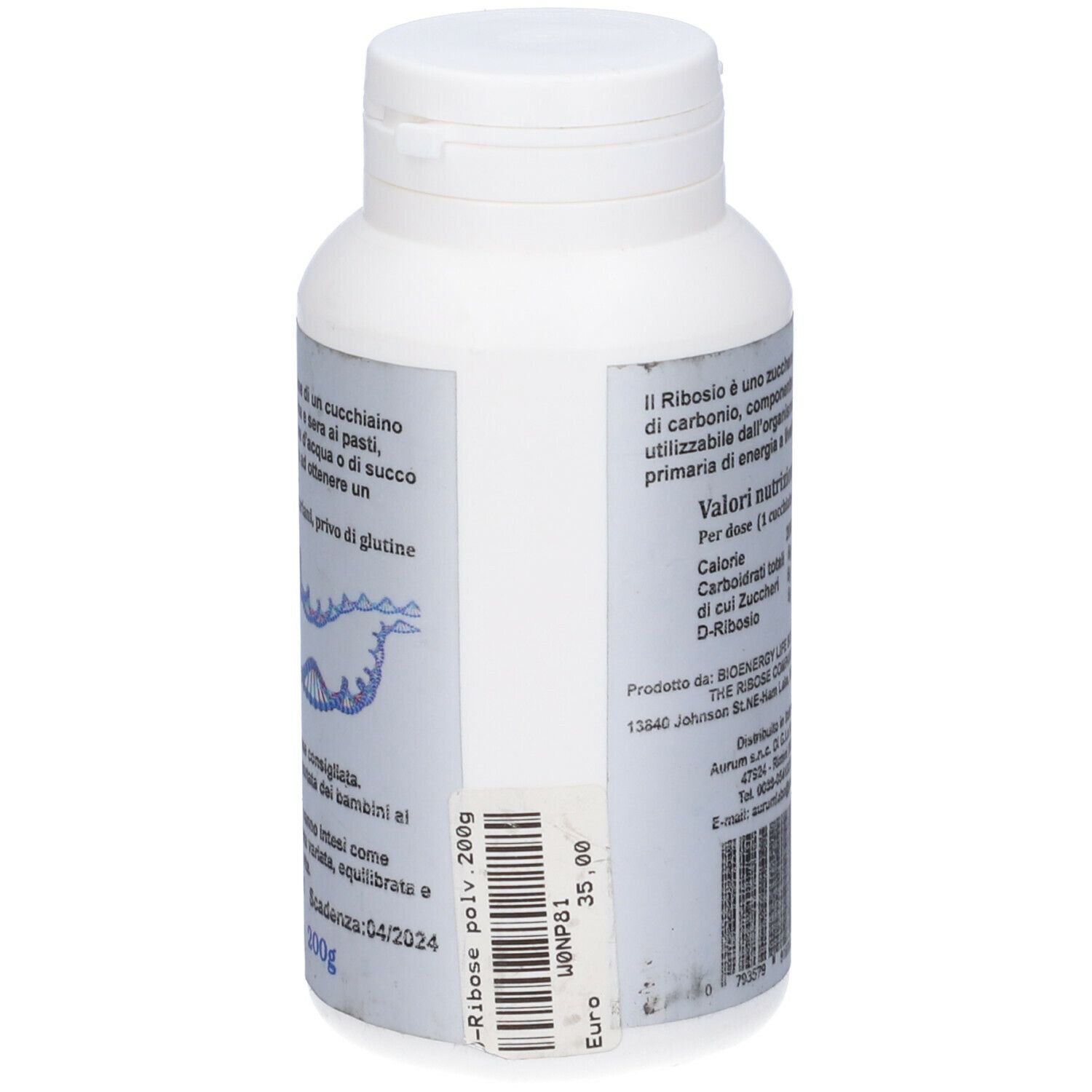 Flacone bianco con etichetta blu. Scritta: D-Ribose polv. 200g. Etichetta prezzo. Testo in italiano.