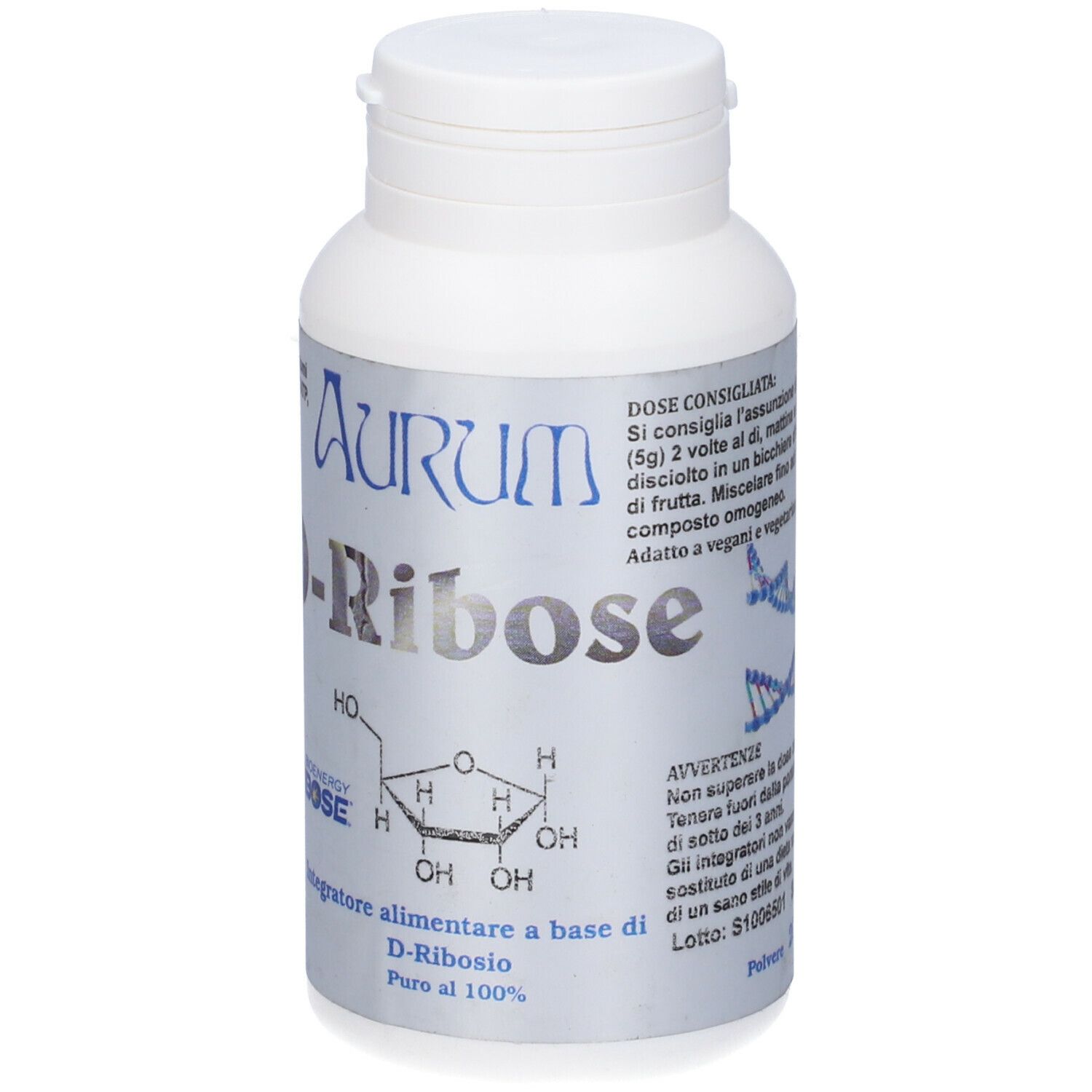 Flacone bianco con etichetta blu. Scritta: Aurum D-Ribose. Istruzioni per il dosaggio. Avvertenze.