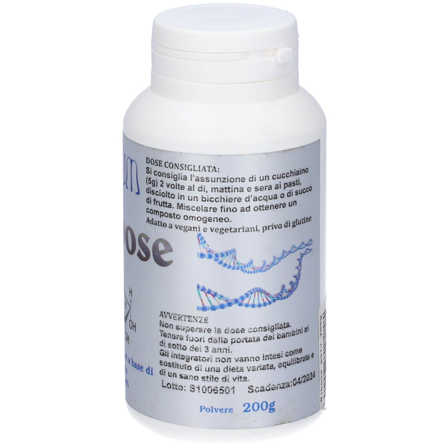 Flacone bianco con etichetta blu. Scritta: Aurum D-Ribose. Istruzioni per il dosaggio. Avvertenze. 200g.