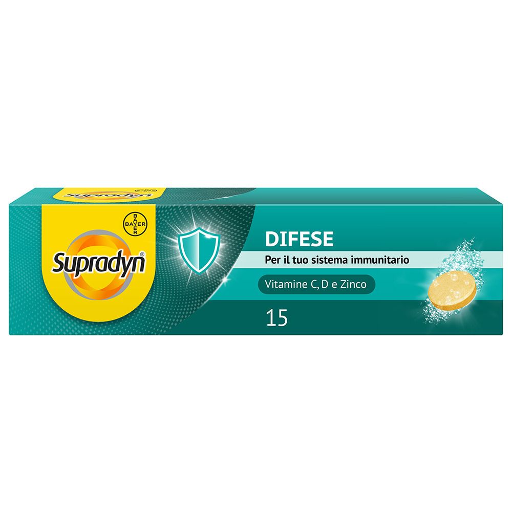 Schachtel mit Supradyn Difese. Aufschrift: Difese, Vitamin C, D und Zink. 15 Tabletten.
