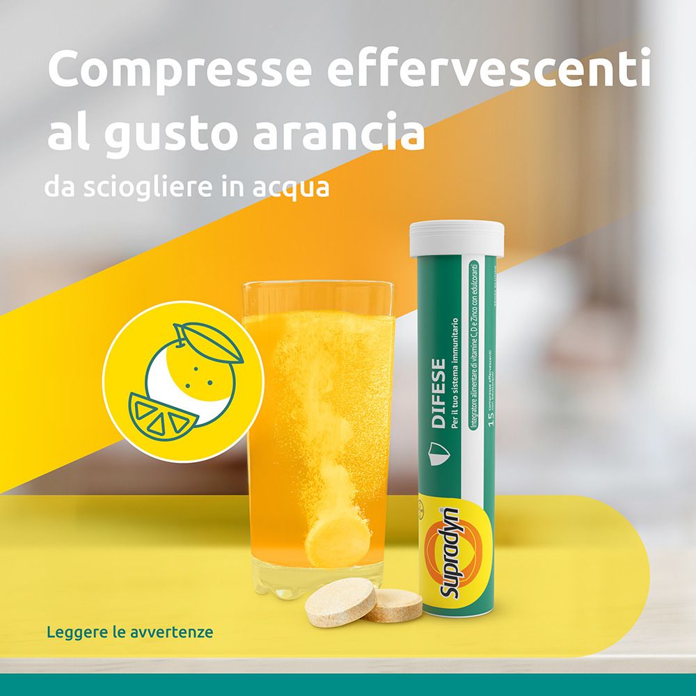 Glas mit aufgelöster Brausetablette. Daneben eine Tablette und eine Tube. Text: Brausetabletten mit Orangengeschmack.