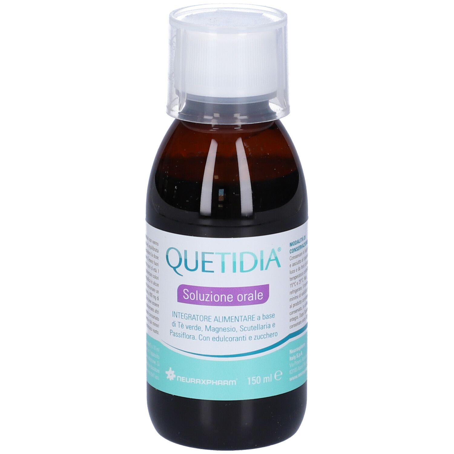 Flacone di vetro marrone con tappo bianco. Scritta: Quetidia Soluzione orale. 150 ml.