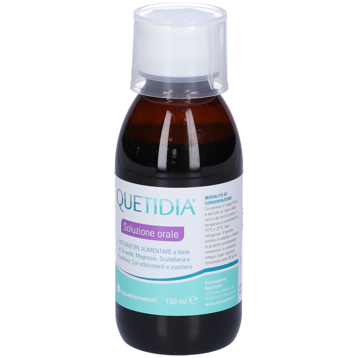 Flacone di vetro marrone con tappo bianco. Scritta: Quetidia Soluzione orale. 150 ml.