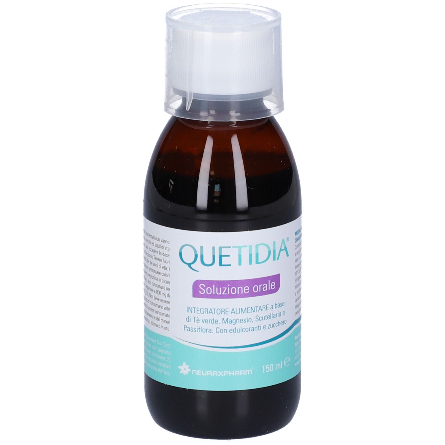 Flacone di vetro marrone con tappo bianco. Scritta: Quetidia Soluzione orale. 150 ml.