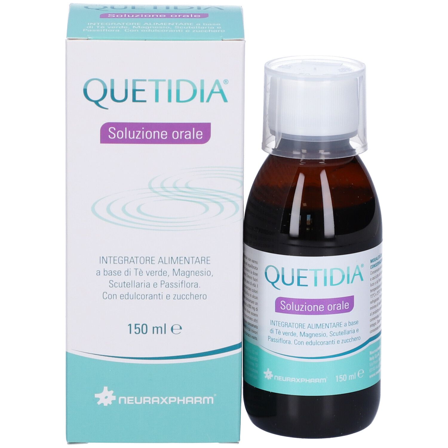 Flacone e scatola Quetidia Soluzione orale. Scritta: Quetidia Soluzione orale. 150 ml.