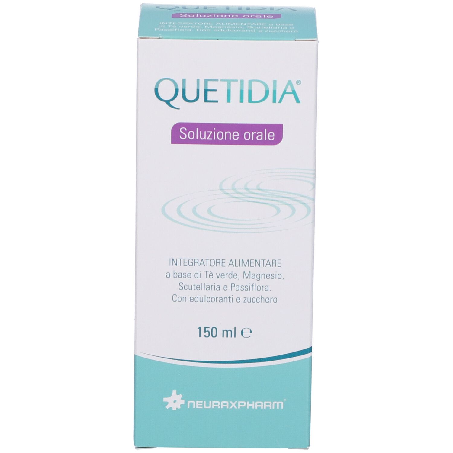 Scatola Quetidia Soluzione orale. Scritta: Quetidia Soluzione orale. 150 ml.