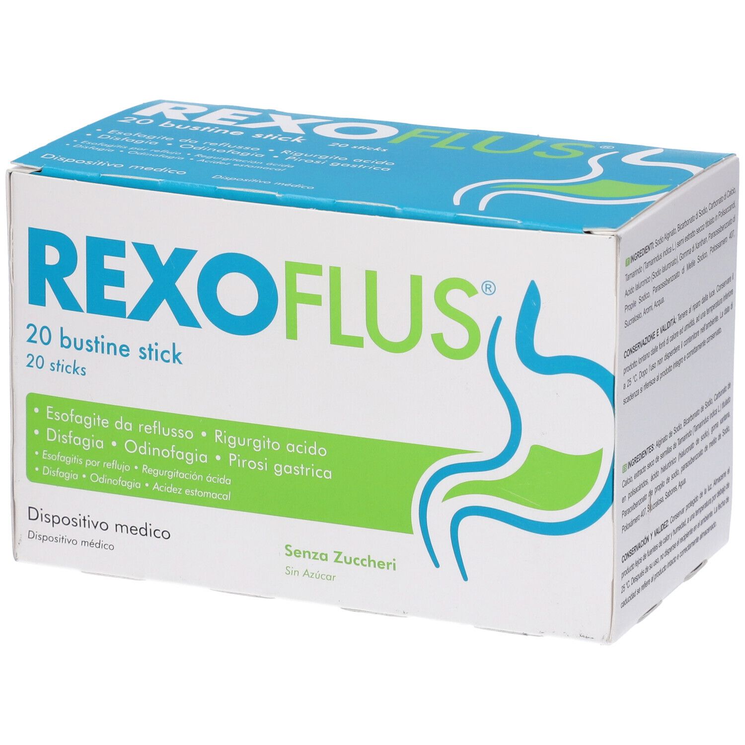 Scatola bianca con logo "REXOFLUS" e informazioni sul prodotto. Contiene 20 stick. Dispositivo medico.