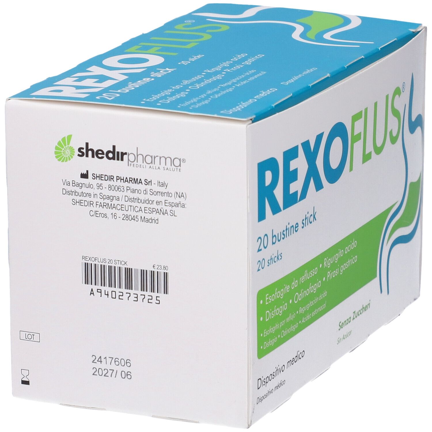 Scatola bianca con logo "REXOFLUS", informazioni sul prodotto e codice a barre. Contiene 20 stick. Dispositivo medico.