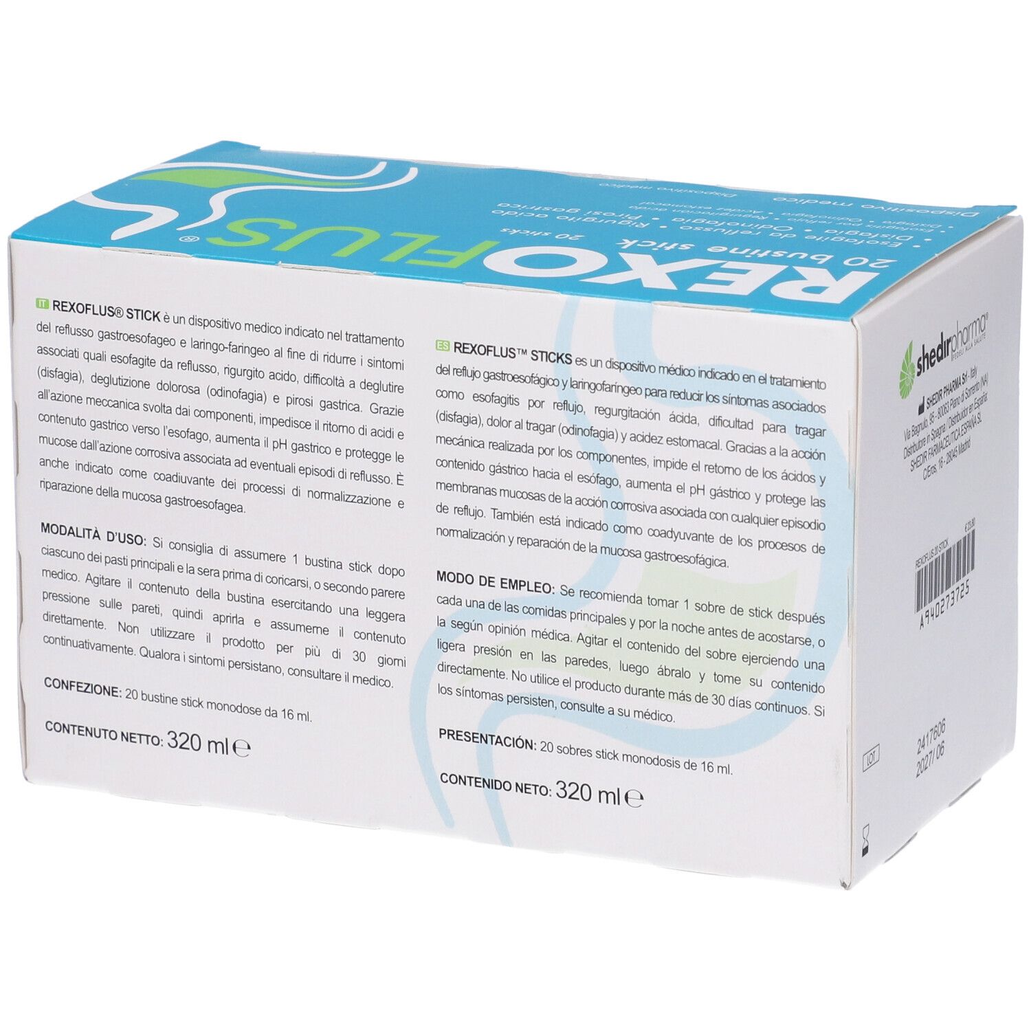 Scatola bianca con logo "REXOFLUS" e informazioni sul prodotto. Contiene 20 stick. Retro con istruzioni per l'uso.