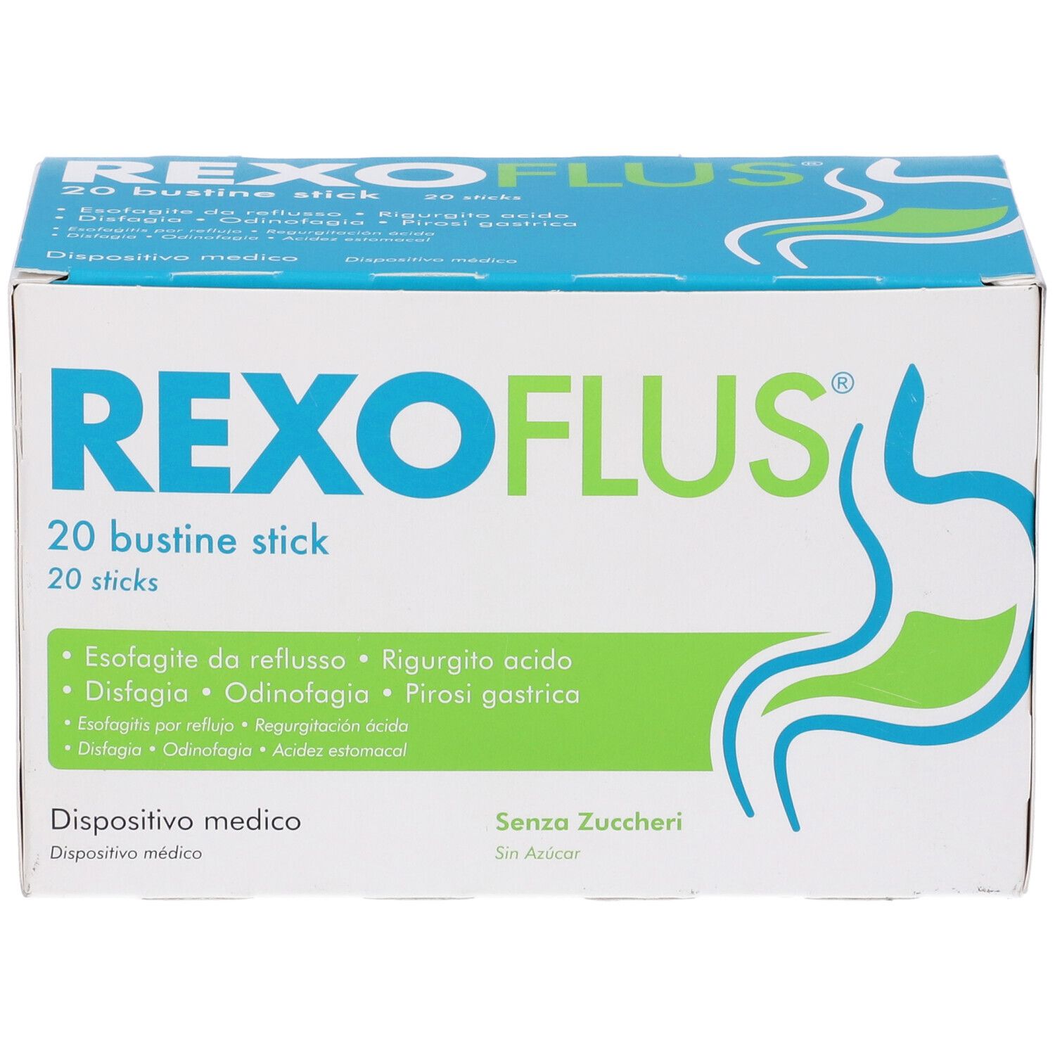 Scatola bianca con logo "REXOFLUS" e informazioni sul prodotto. Contiene 20 stick. Dispositivo medico.