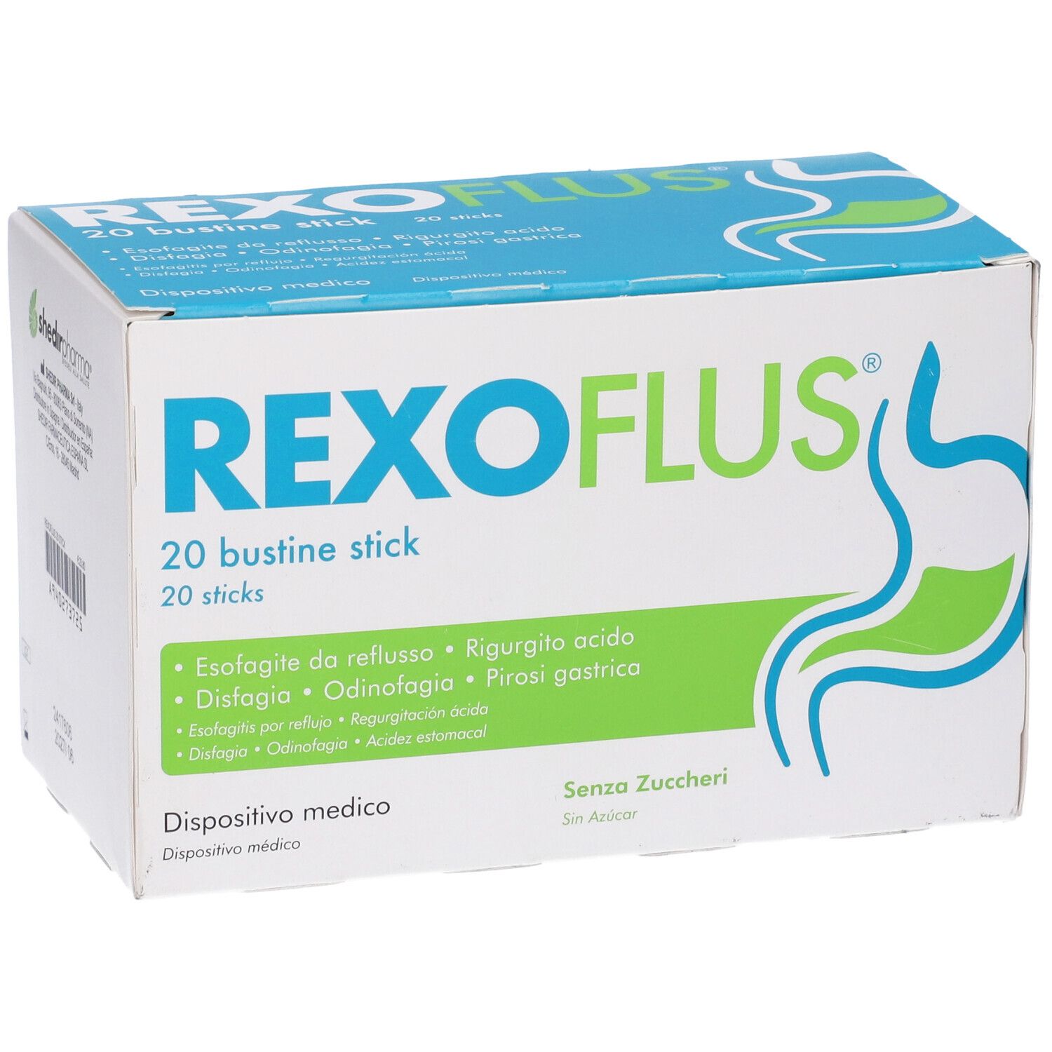 Scatola bianca con logo "REXOFLUS" e informazioni sul prodotto. Contiene 20 stick. Dispositivo medico.