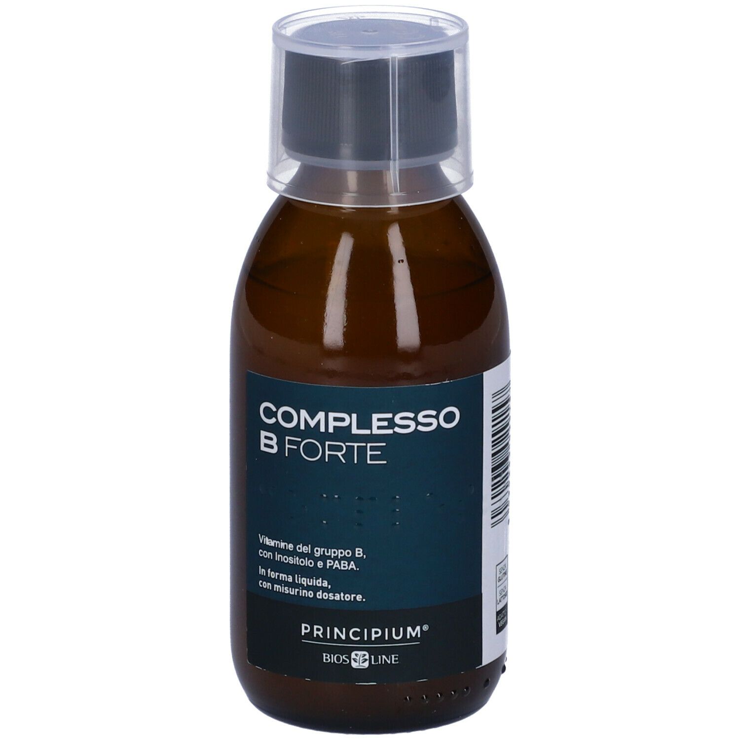 Flacone marrone con tappo nero. Scritta: COMPLESSO B FORTE, Principium, Bios Line. Integratore alimentare liquido.