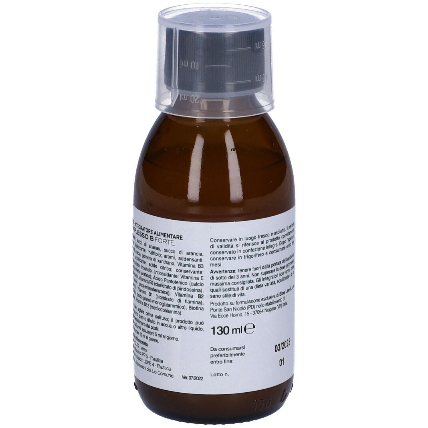 Flacone marrone con tappo nero. Scritta: COMPLESSO B FORTE. Retro con testo e indicazione volume 130 ml.