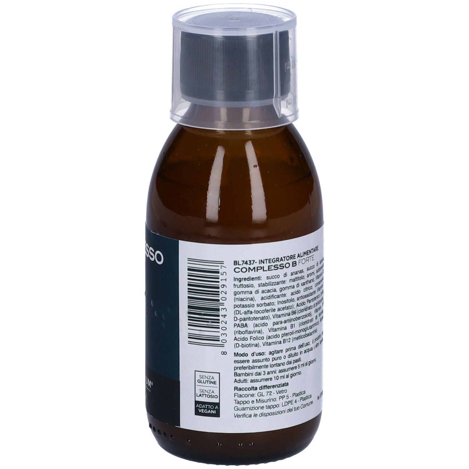 Flacone marrone con tappo nero. Scritta: COMPLESSO B FORTE. Retro con testo e lista ingredienti.