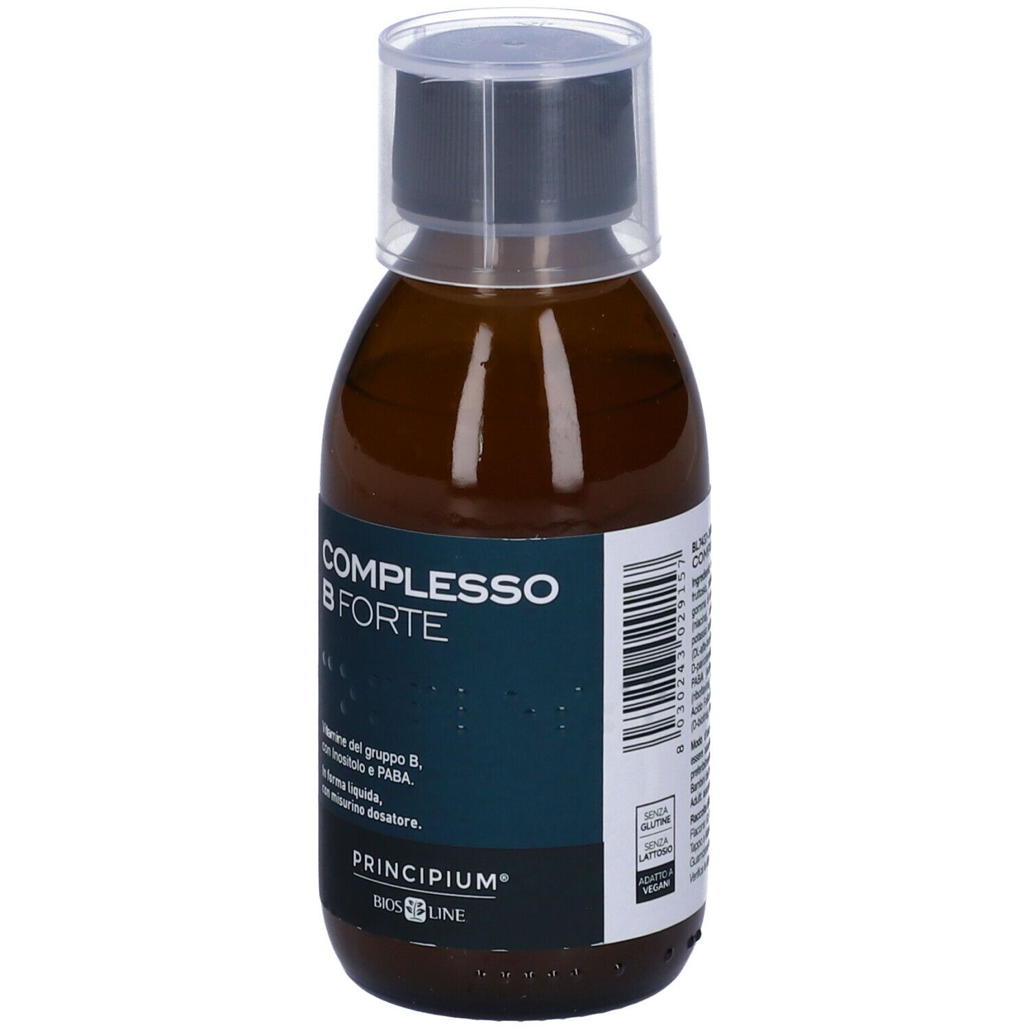 Flacone marrone con tappo nero. Scritta: COMPLESSO B FORTE, Principium, Bios Line. Integratore alimentare liquido.
