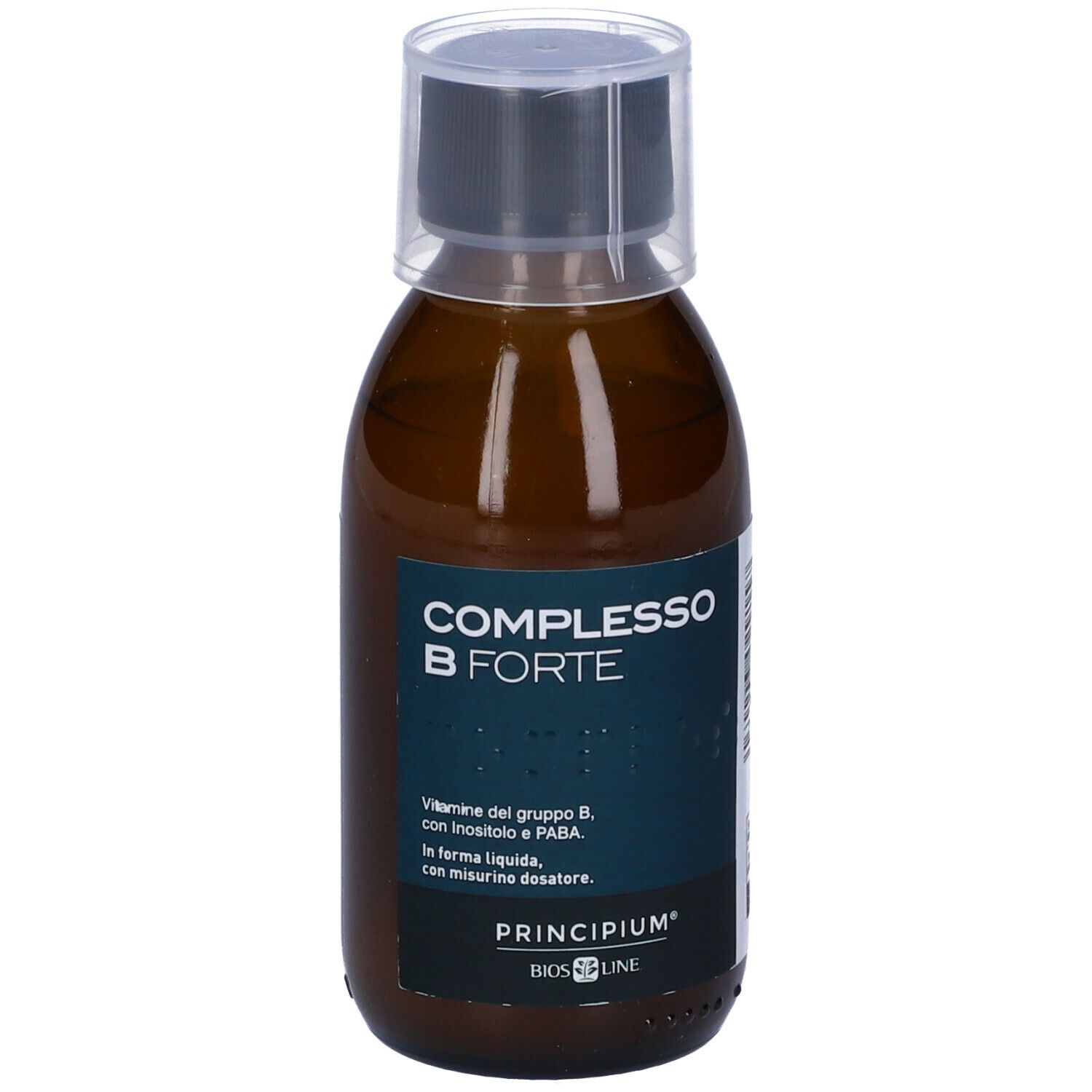 Flacone marrone con tappo nero. Scritta: COMPLESSO B FORTE, Principium, Bios Line. Integratore alimentare liquido.