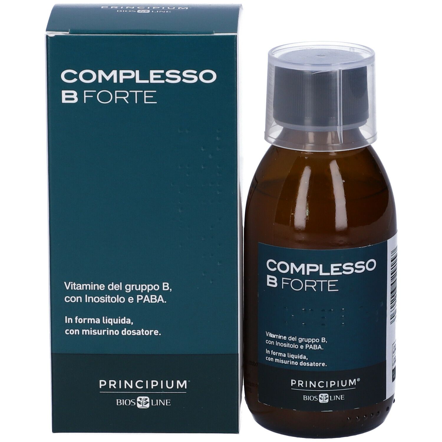 Confezione e flacone. Scritta: COMPLESSO B FORTE, Principium, Bios Line. Integratore alimentare liquido.