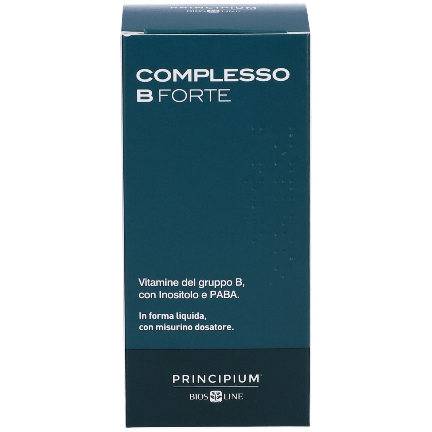 Confezione del prodotto. Scritta: COMPLESSO B FORTE, Principium, Bios Line. Integratore alimentare liquido.