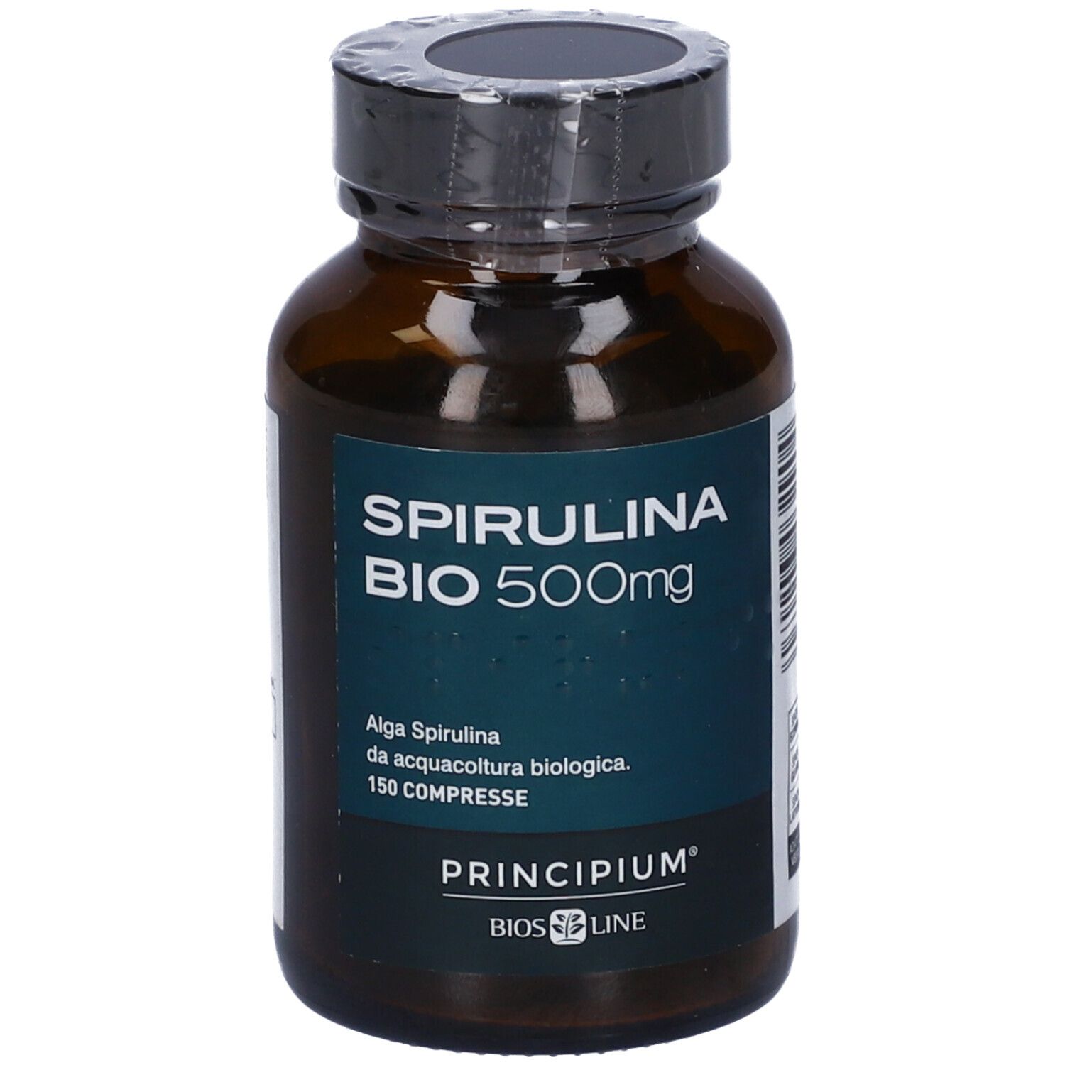 Flacon en verre brun Spirulina Bio 500mg. Inscription: Principium, Bios Line. 150 comprimés.